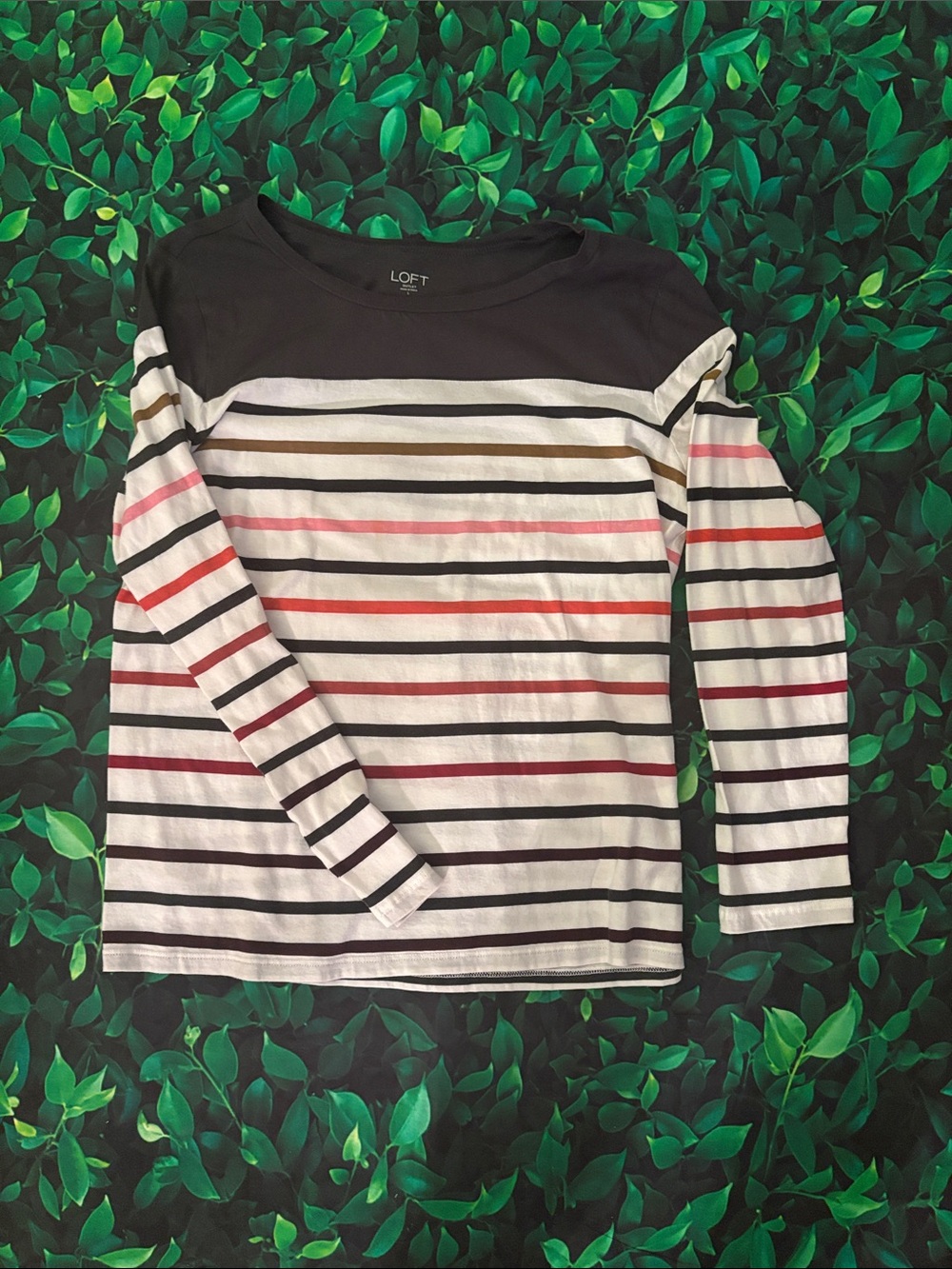LOFT Black and White Striped Long Sleeve Tee with Multicolor Accent Stripes